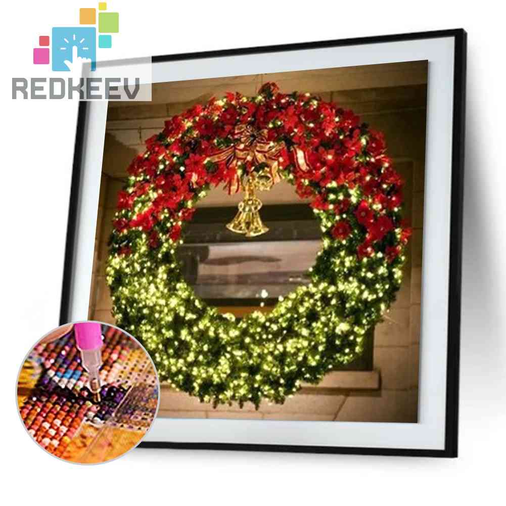 Tranh Đính Đá Kim Cương Toàn Bộ 5D DIY Hình Vòng Hoa Giáng Sinh