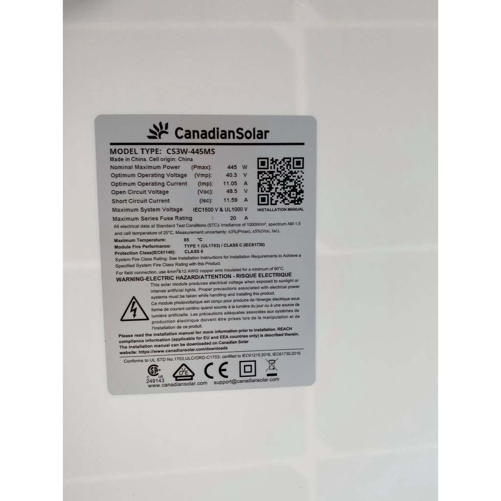 TẤM PIN NĂNG LƯỢNG MẶT TRỜI MONO Canadian Mono 445W - HALF CELL  bảo hành vật lý 12 năm hiệu xuất 25 năm!