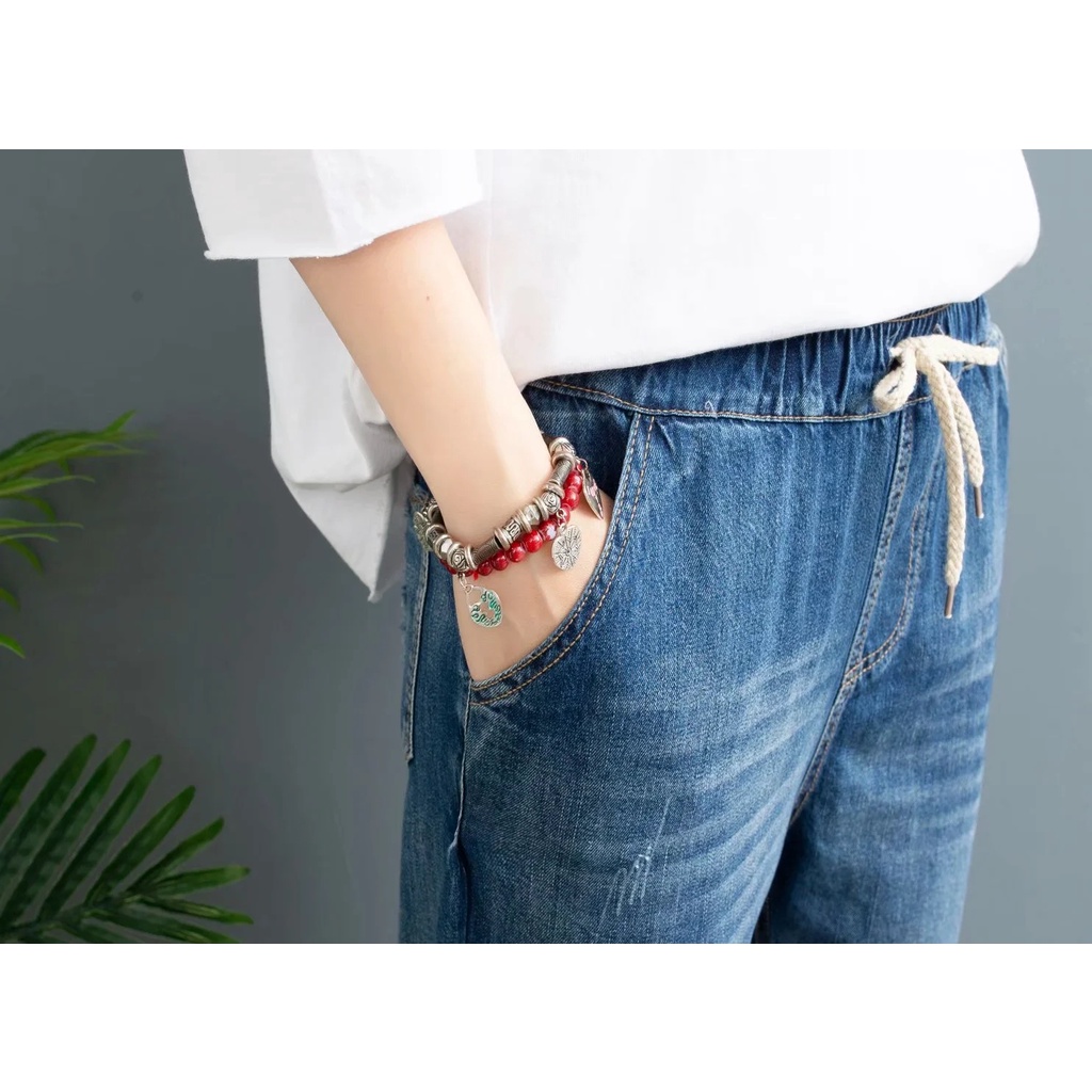 Quần jean lửng bagy nữ lưng thun bigsize M đến 3XL hoạ tiết đơn giản trẻ trung phong cách Nhật Bản AKira Store