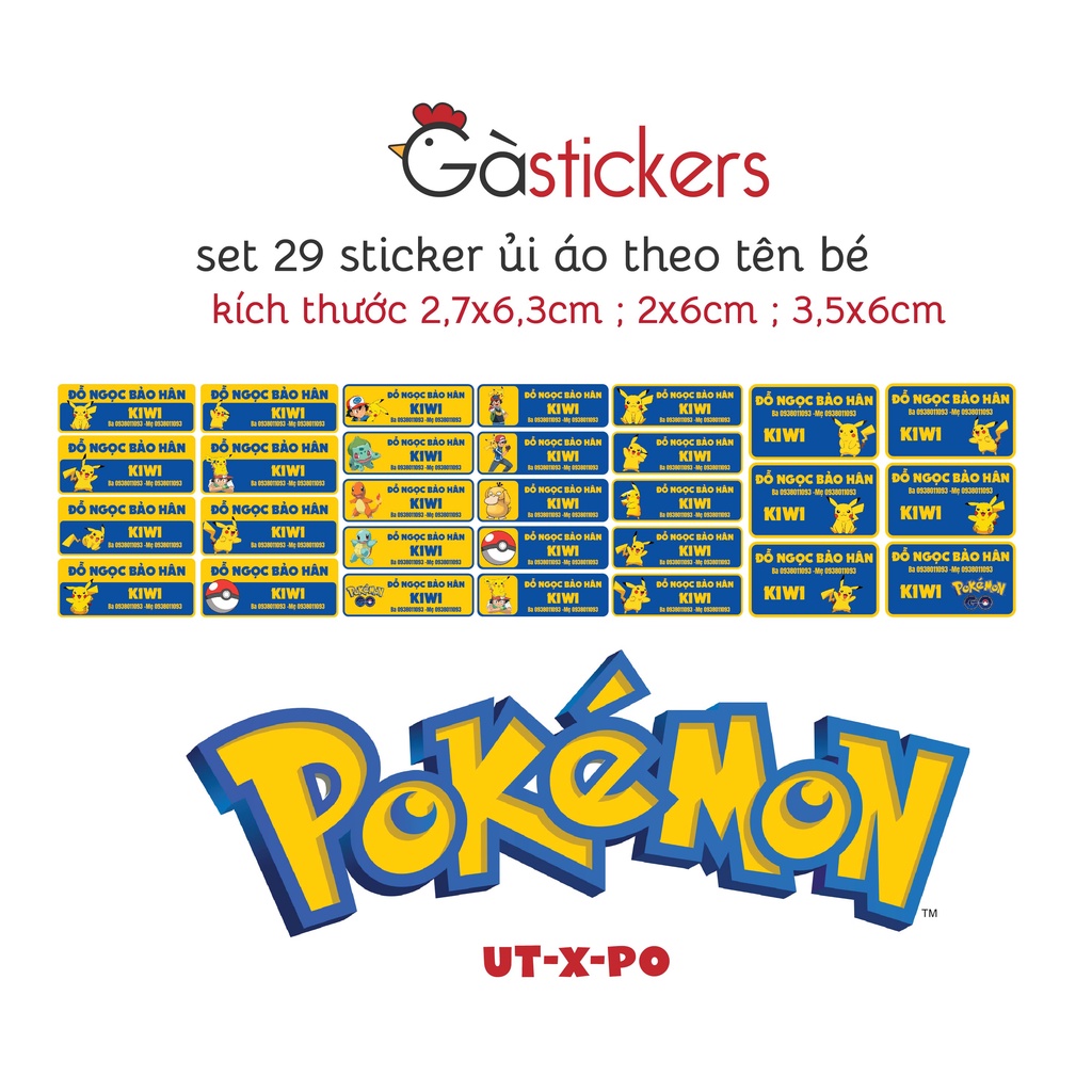 Sticker ủi áo in tên trẻ em GaStickers UT-X-PO bộ 29 miếng nhiều kích thước
