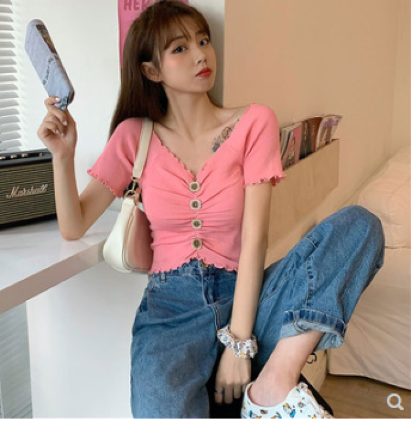 Áo Tay Ngắn Có Viền Trễ Vai Hở Rốn Xếp Ly Dành Cho Nữ