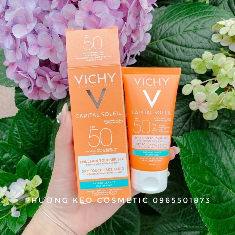 [ HÀNG CÓ SẴN] Kem chống nắng không màu không gây nhờn rít Vichy Ideal Soleil Mattifying Face Fluid Dry Touch 50ml