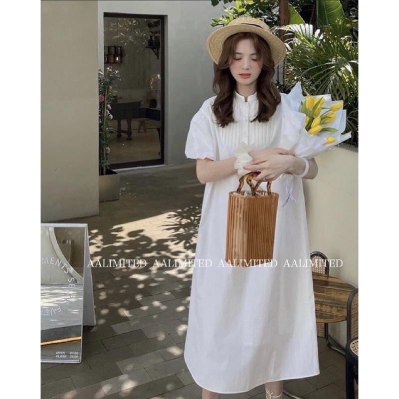 Đầm Váy Sơ Mi Trắng Cổ Trụ Xếp Ly Tay Bí Phong Cách Ulzzang Hàn Quốc Mặc Du Lịch Cực Xinh