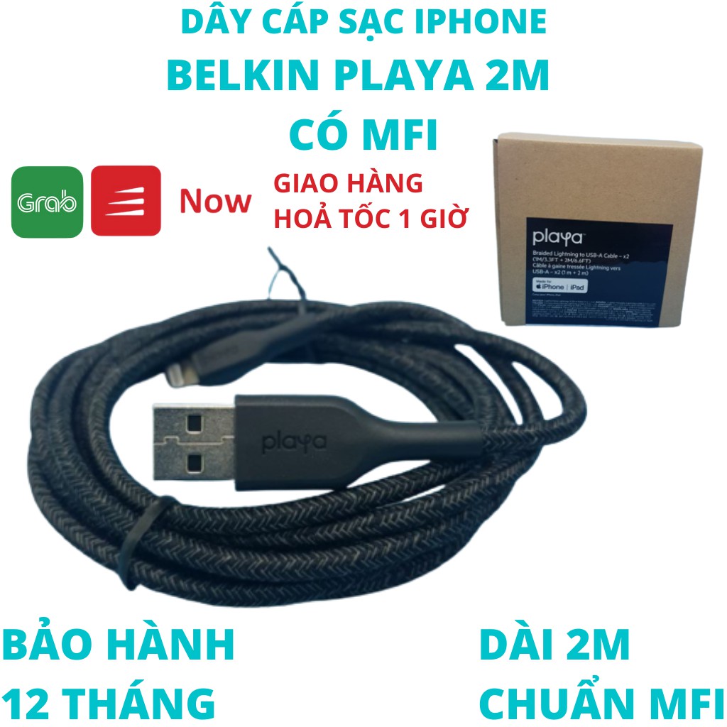 Dây sạc iphone MFI Belkin Playa dài 2m sạc nhanh chính hãng của mỹ cho IPhone 6 7 8 plus X XS Max 11 12 Pro Max