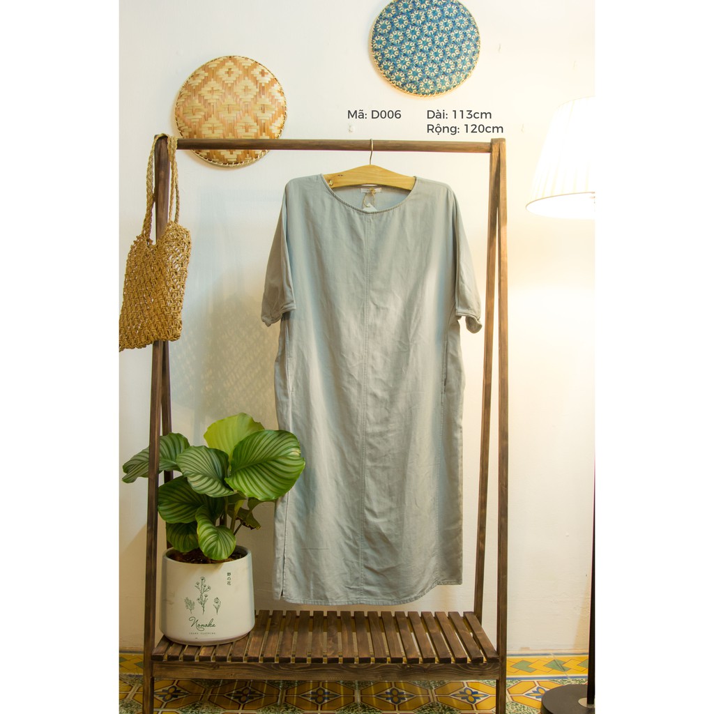 Đầm linen 2hand màu xám hơi xanh lá