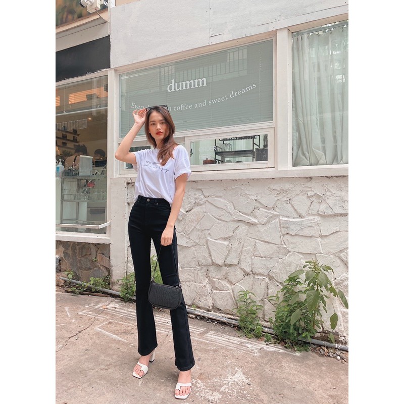 Quần jean nữ lưng cao ống loe, Super High Waisted Flare Jean, LUCETFASHION, quần bò nữ