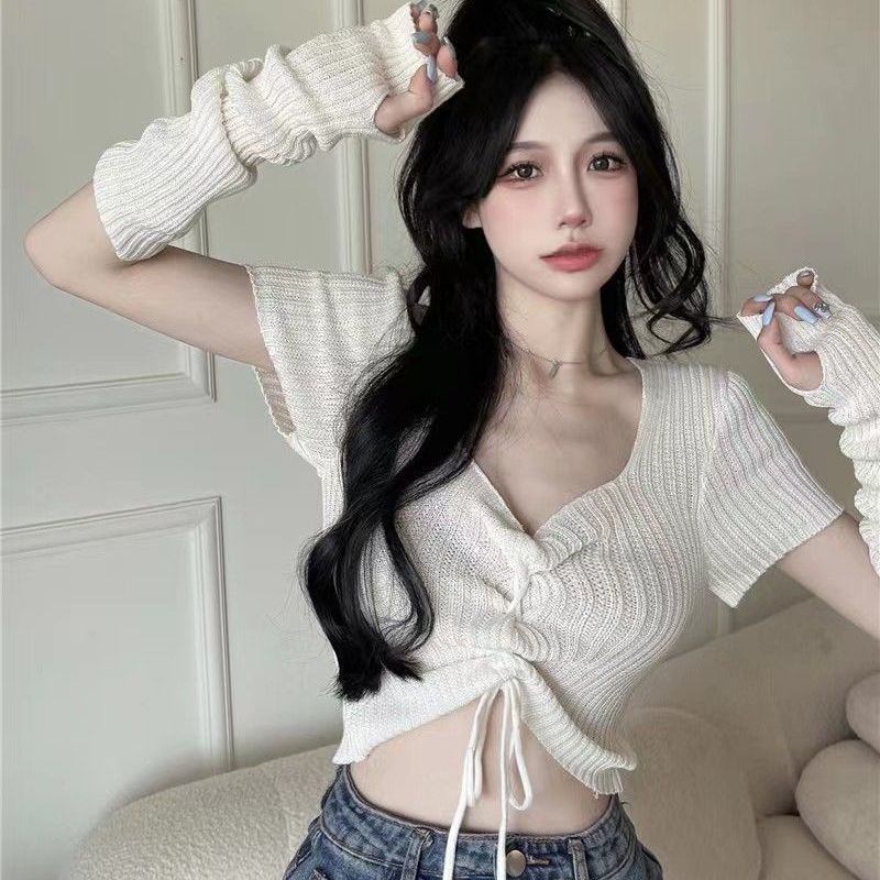 Áo Sweater Ngắn Tay Cổ Chữ V Cột Dây Phong Cách Vintage Hàn Quốc Mới Cho Nữ