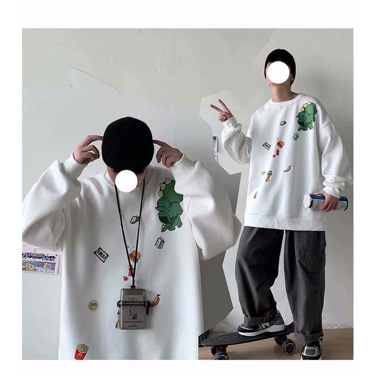 Áo sweatshirt mặc chui đầu dáng rộng size lớn M-5XL họa tiết khủng long hoạt hình phong cách Nhật Bản đi học thời trang