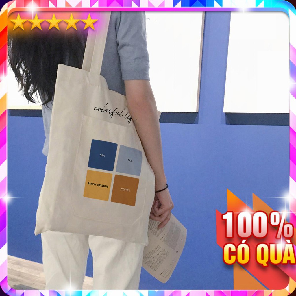 Túi Vải Đeo Vai Tote Cỡ Lớn Colorful Life Ngăn Ngoài