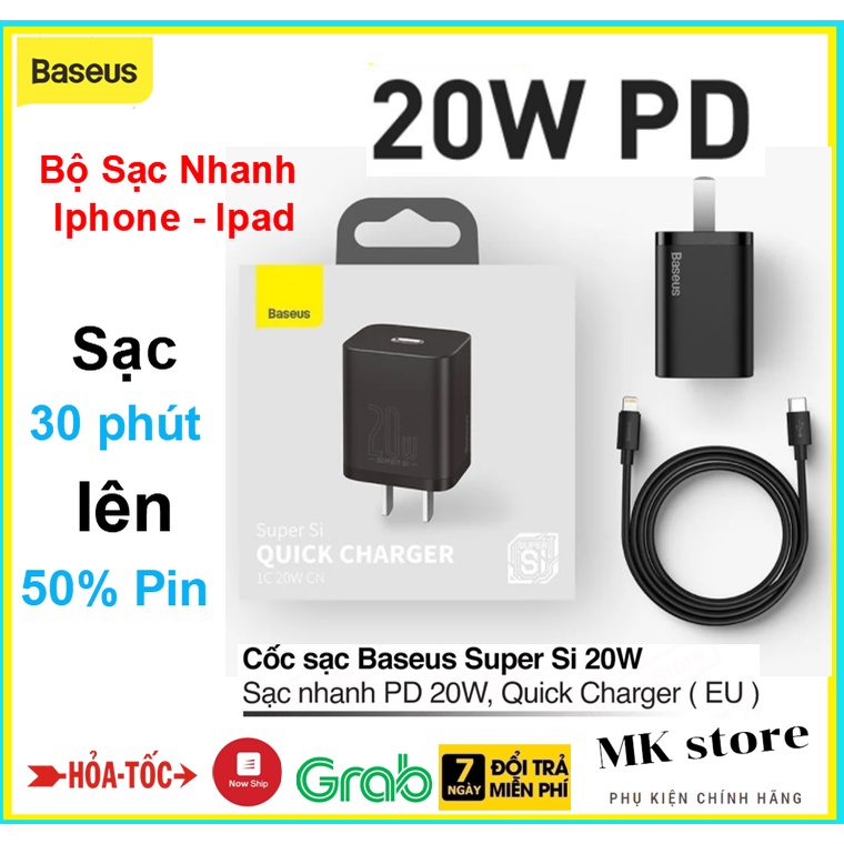 Bộ củ cáp sạc nhanh 20W Cho Iphone / Ipad Baseus Super SI Quick Charger 1C 20W  TZCCSUP  bảo hành 12 tháng