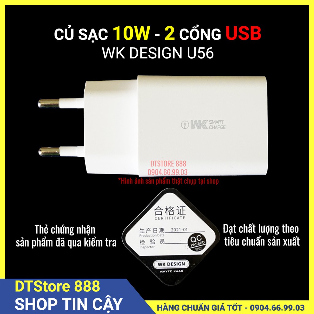 Củ sạc nhanh 2 cổng USB-  WK Design WP-U56, công suất 10W (5V-2A)