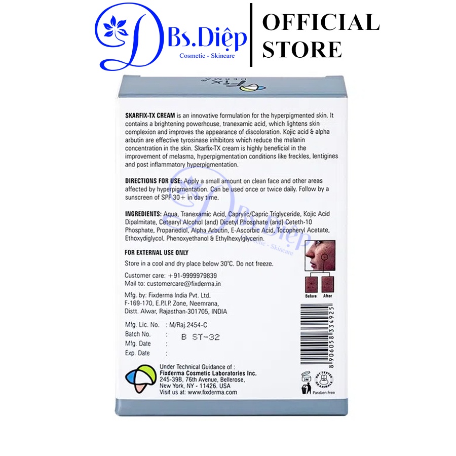 Fixderma Skarfix tx Cream - Kem dưỡng da mờ nám, giảm thâm 15g và 30g