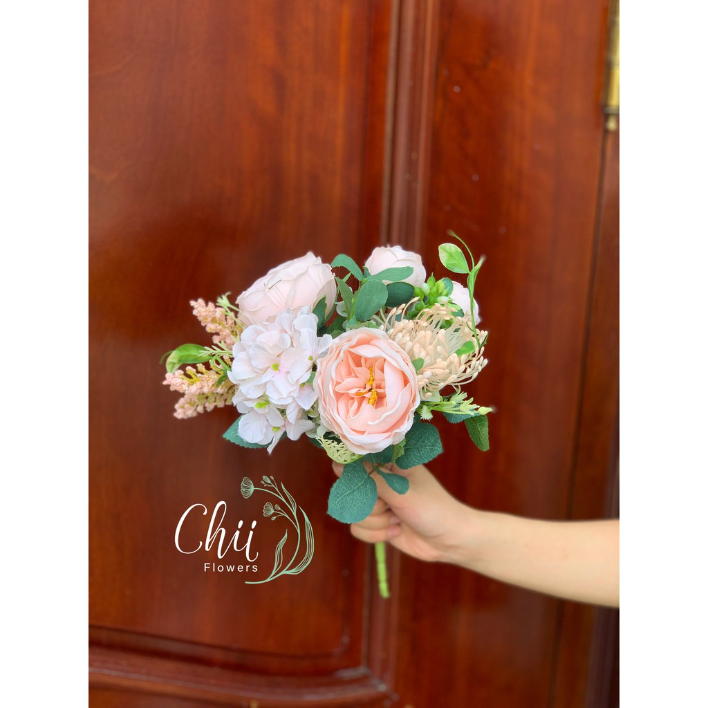 Hoa giả hoa lụa - Cụm hoa hồng mix tú cầu nhập khẩu cao cấp Hà Nội trang trí nội thất đẹp Chiiflower CH67