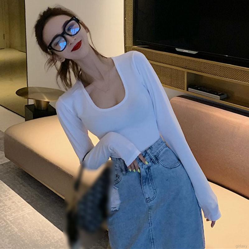 Áo cổ chữ U tay dài màu trơn phong cách Hàn Quốc trẻ trung cho nữ