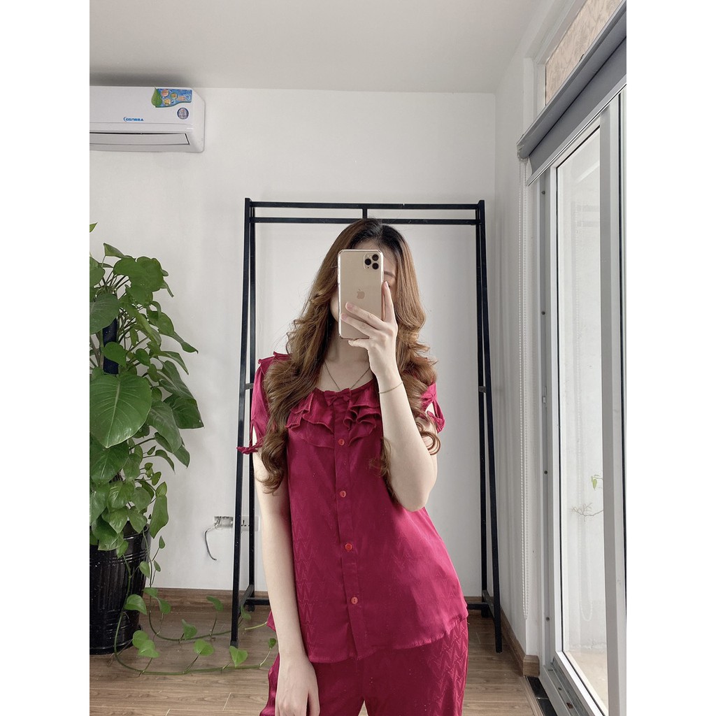 Bộ Pijama lụa gấm NOHK cao cấp mặc nhà cộc tay quần lửng cổ bèo tay nơ