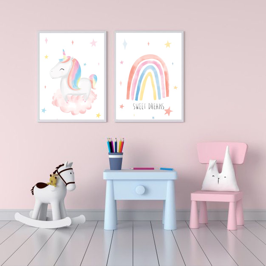 Tranh canvas treo tường Unicorn kì lân đáng yêu trang trí phòng bé gái, tranh canvas trang trí phòng ngủ