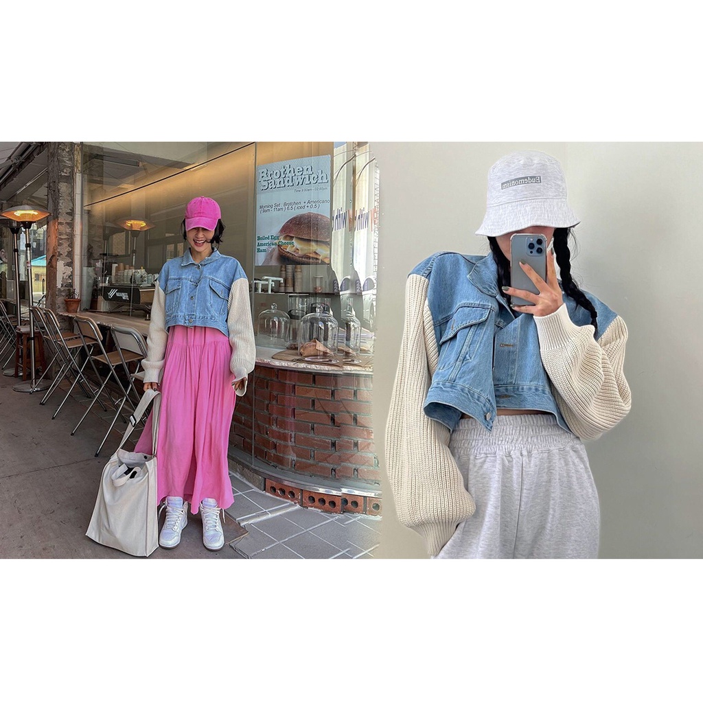 Hàng Có Sẵn Chất Lượng Tốt Chất Lượng Tốt Áo Khoác Denim Dệt Kim Tay Dài Giả Hai Mảnh Dáng Ngắn Phong Cách Dongdaemun Hàn Quốc Cho Cặp Đôi