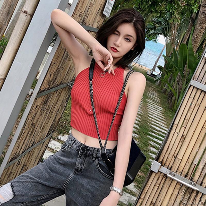 Áo không tay dệt kim thiết kế cổ yếm quyến rũ cho nữ