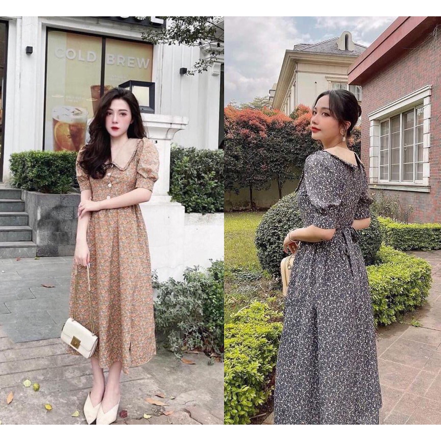 Đầm nữ hoa nhí tay ngắn cổ bèo dáng dài ôm eo nơ buôc sau lưng xinh xắn rất nữ tính, váy xòe dài mềm mại duyên dáng Q058