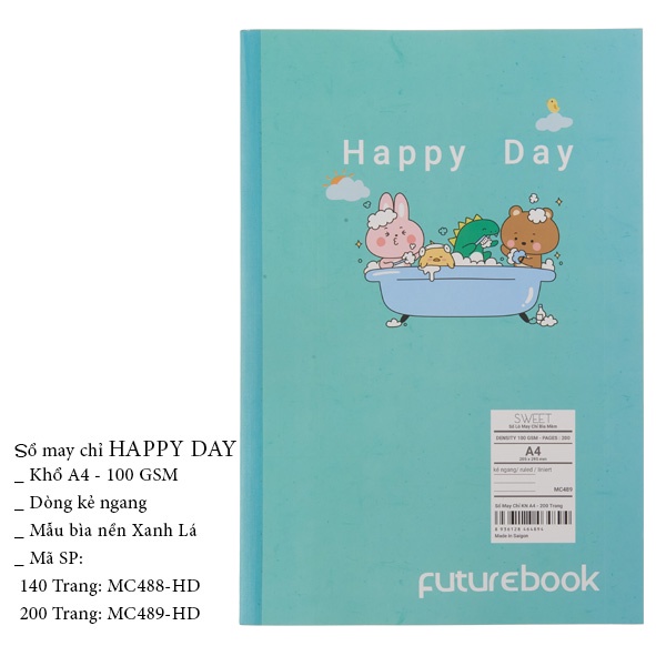 Sổ May Chỉ Dán Gáy Happy Day A4- Kẻ Ngang- 100GSM. Phong cách Hàn Quốc. VPP FUTUREBOOK. Giao mẫu ngẫu nhiên.