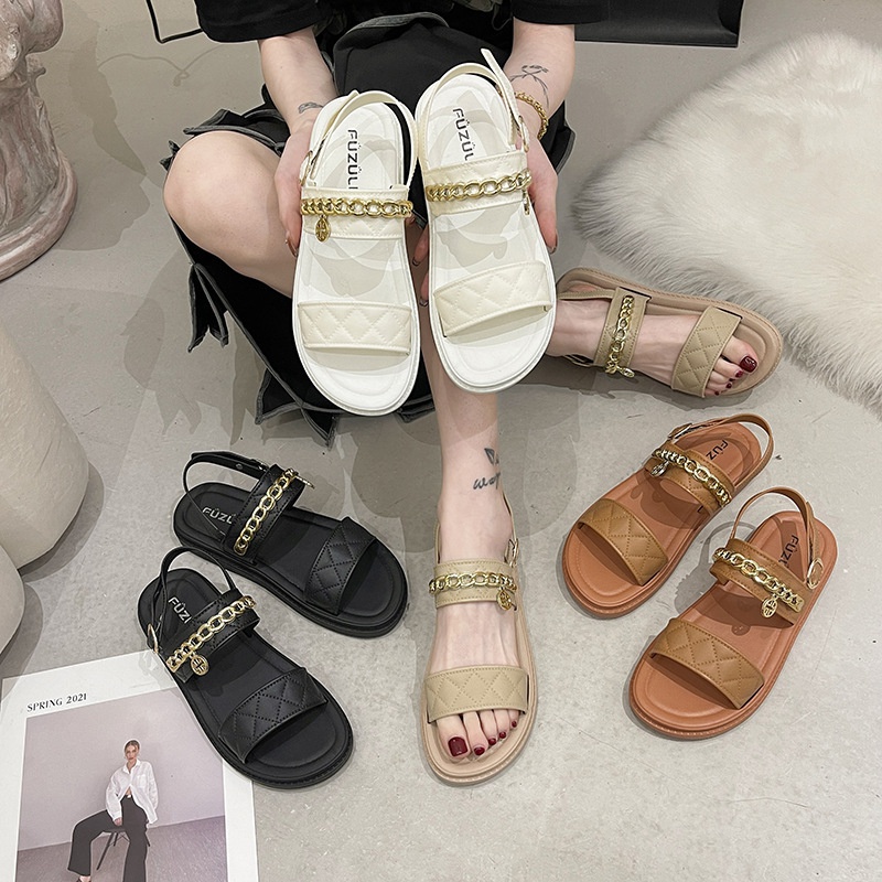Giày Sandal Đế Bằng Phối Dây Xích Thời Trang Xuân Hè Xinh Xắn Cho Nữ
