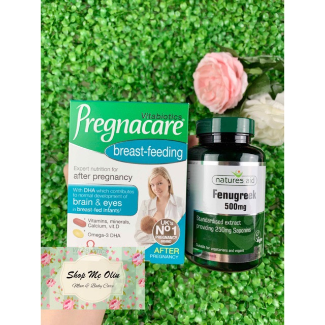 Bộ đôi viên lợi sữa Pregnacare & Viên cỏ cà ri tăng tiết sữa Fenugreek hàng chuẩn UK date mới