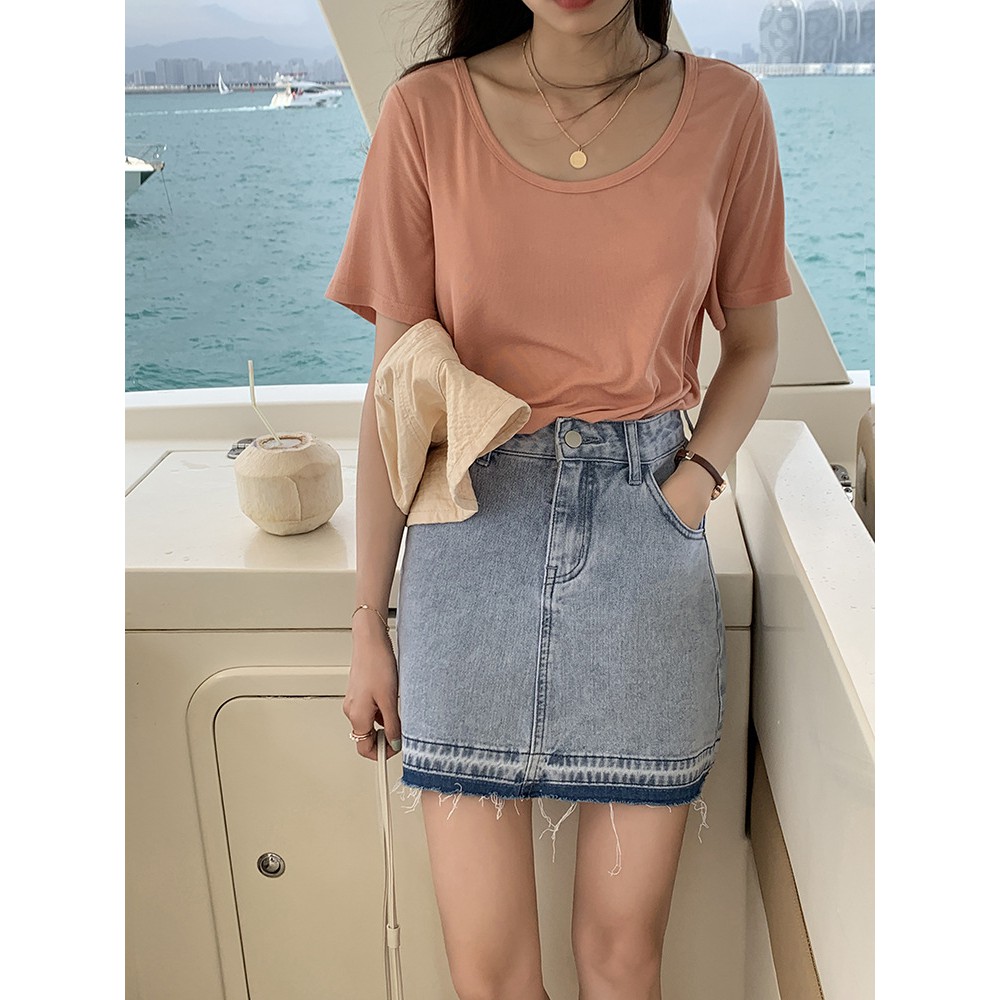 Chân váy Jean ngắn Denim Lưng cao Dáng chữ A Bạc màu Viền tua rua Mùa Hè Ulzzang Hàn Quốc Cạp cao | BigBuy360 - bigbuy360.vn