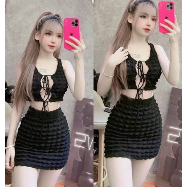 Set áo hai dây xốp thắt dây chân váy ôm body