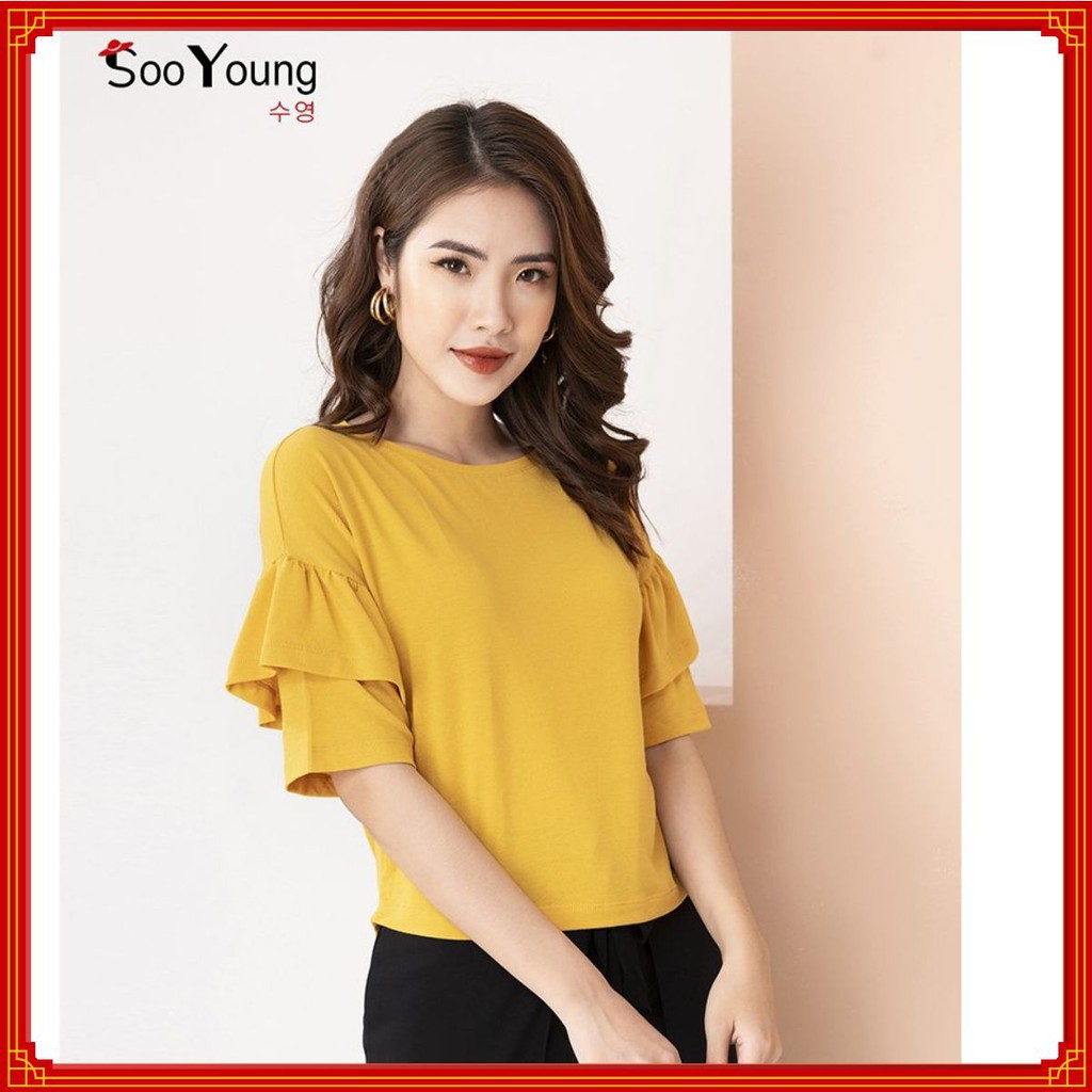 Áo thun vàng 💝 cổ thuyền 💝 tay lỡ bèo rúm -Sooyoung