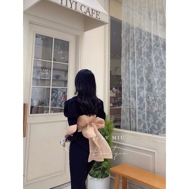 SET ĐỒ ÁO TAY BÚP HỞ LƯNG CỘT NƠ SAU KÈM QUẦN LOE