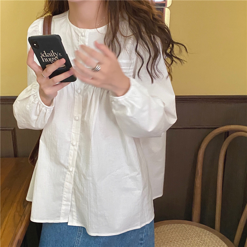 Áo Kiểu Tay Phồng Cổ Tròn Màu Trơn Đơn Giản Cho Nữ 37010