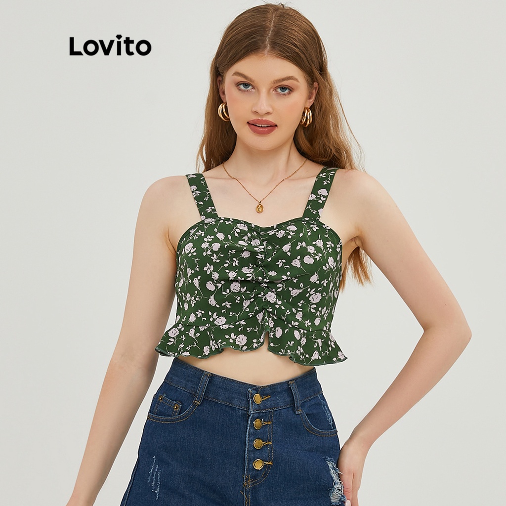 Lovito Áo Hai Dây Phối Bèo Họa Tiết Hoa Phong Cách Vintage L20E003
