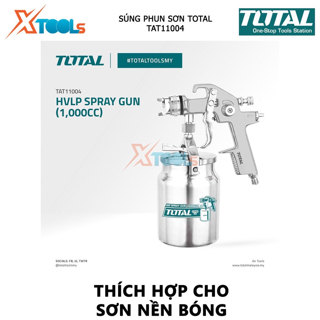 Máy phun sơn dùng khí nén TOTAL TAT11004 | súng phun sơn đầu phun tiêu chuẩn 1.4mm chiều rộng bình 180 - 250mm dung tích