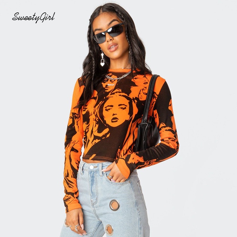 Áo croptop tay dài cổ tròn dáng ôm in họa tiết màu sắc tương phản thời trang cho nữ