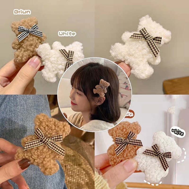 Ahellogirl Kẹp tóc hình gấu nhồi bông phong cách Hàn Quốc thời trang dễ thương cho nữ