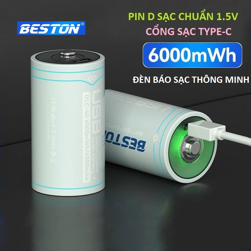 Pin đại sạc Beston chuẩn 1.5V 6000mWh - cổng sạc USB Type C - Pin cỡ D dùng cho đèn pin, bếp ga, thiết bị công nghiệp