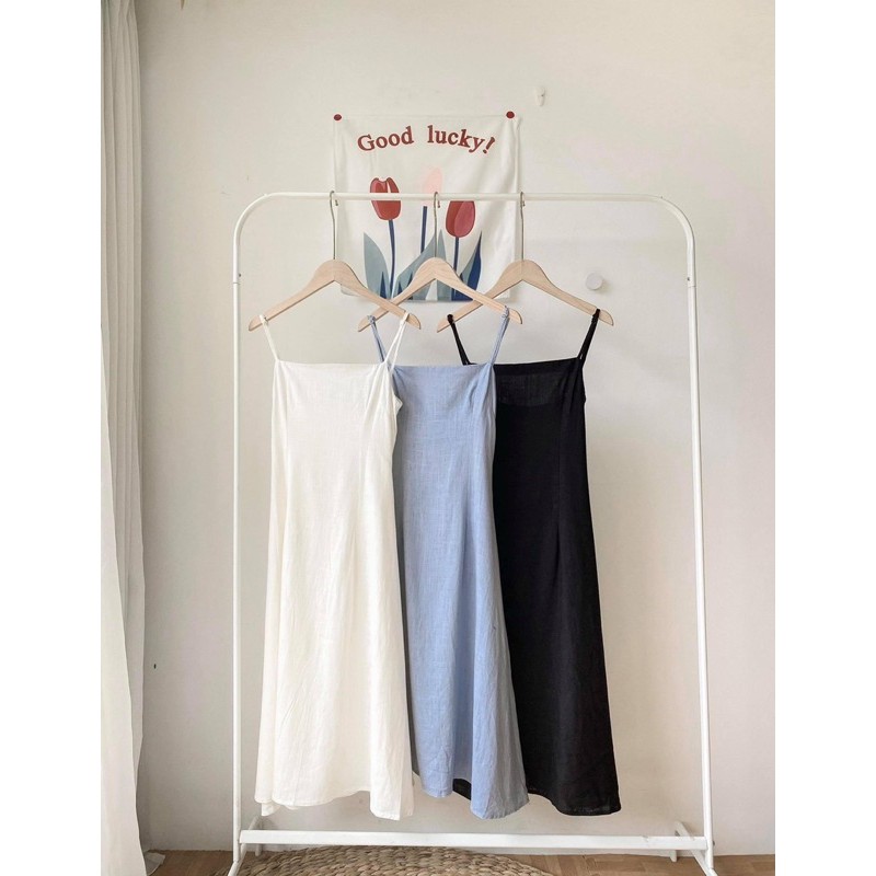 Váy hai dây dáng dài, Đầm hai dây chất đũi mịn hai lớp, dáng suông dài qua đầu gối, kiểu đẹp, phong cách Hàn Quốc