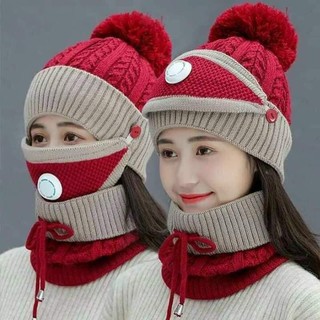 Khăn mũ nữ bịt tai kèm khẩu trang len,Mũ Len Kèm Khăn Choàng Cổ Giữ Ấm Dễ Thương Cho Nữ