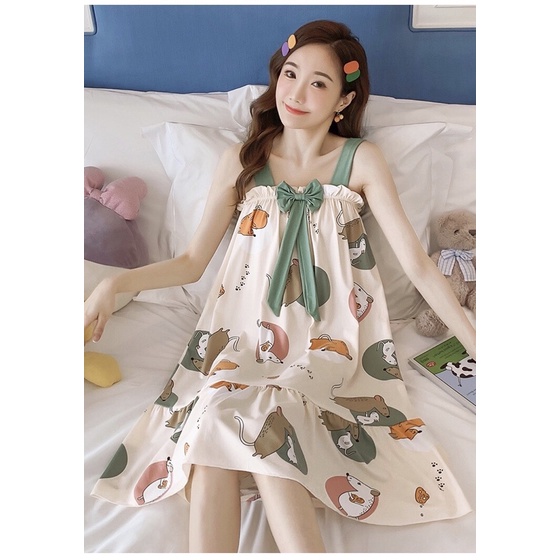 Váy ngủ 2 dây cute đẹp dễ thương chất cotton mềm mát hàng Quảng Châu cao cấp