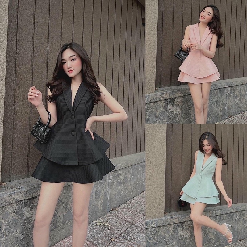 SET ÁO PEPLUM XỐP SÁT NÁCH CỔ VEST KÈM CHÂN VÁY