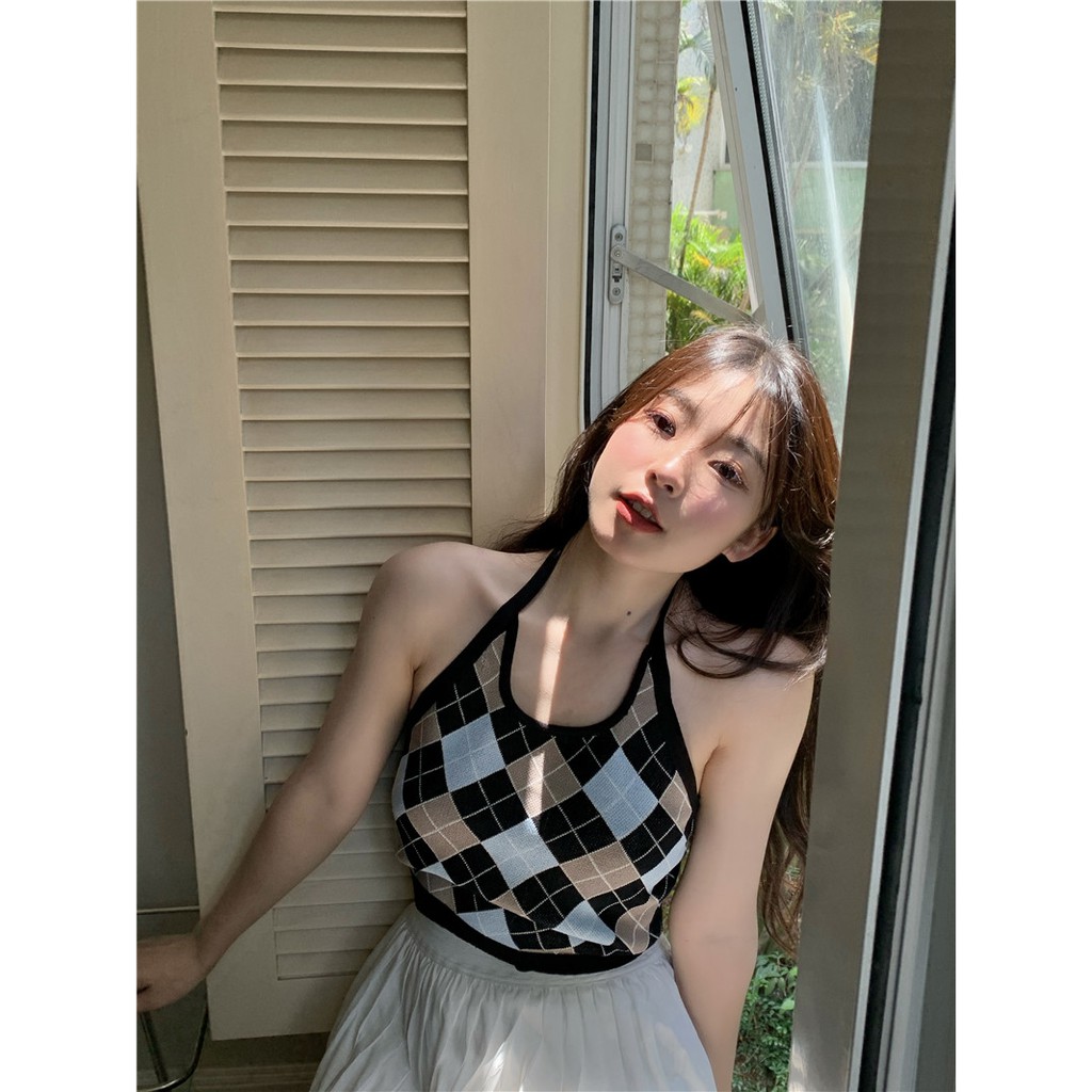 Cocory vn Áo Hai Dây Dệt Kim Hoạ Tiết Kẻ Caro Gợi Cảm Thời Trang Mùa Hè Cho Phụ Nữ