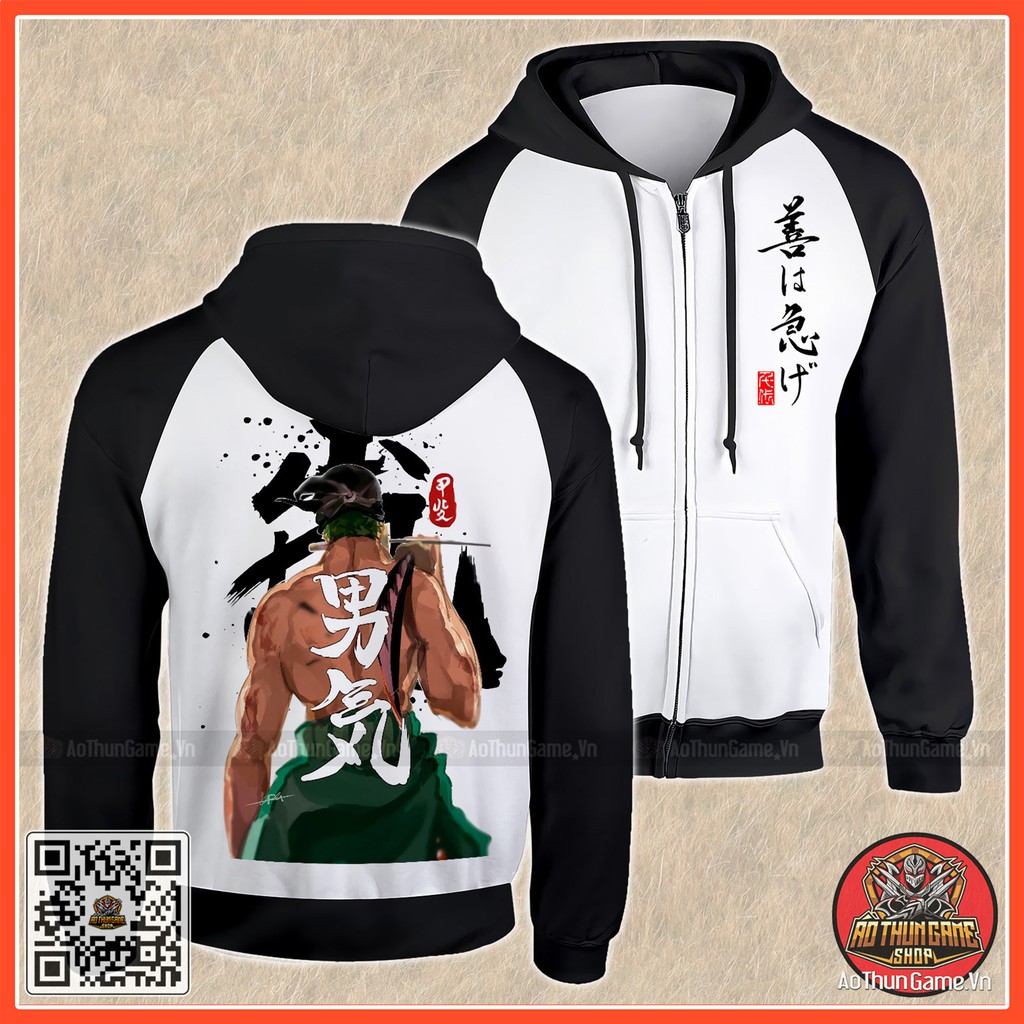 Áo khoác One Piece Zoro K11 mẫu mới cực đẹp có size bé cho trẻ em / Áo khoác hoodie 3D Đen Trắng (AoThunGameVn)