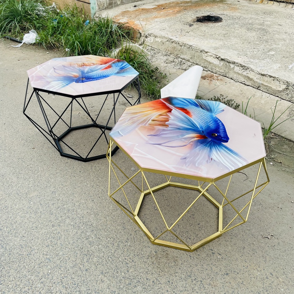 Bàn sofa, bàn trà kim cương , mặt kính cường lực, mẫu con cá vàng.