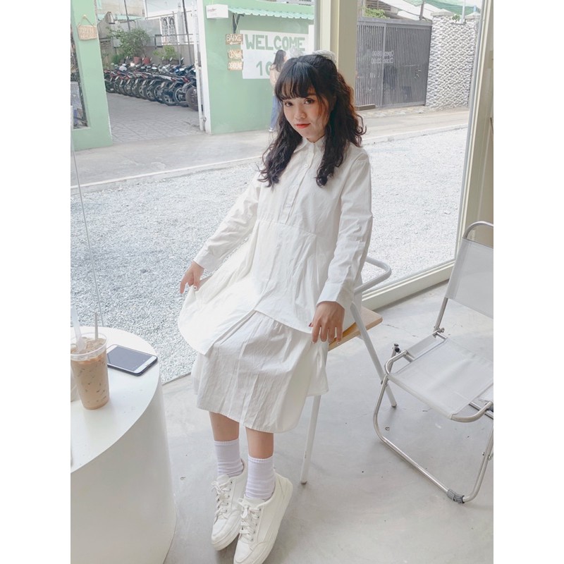 Đầm babydoll trắng cổ polo