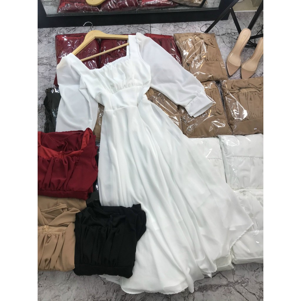 ĐẦM NỮ MAXI CỔ VUÔNG MÀU VÀNG - TRẮNG - NU - ĐEN - ĐỎ [CÓ VIDEO] | BigBuy360 - bigbuy360.vn