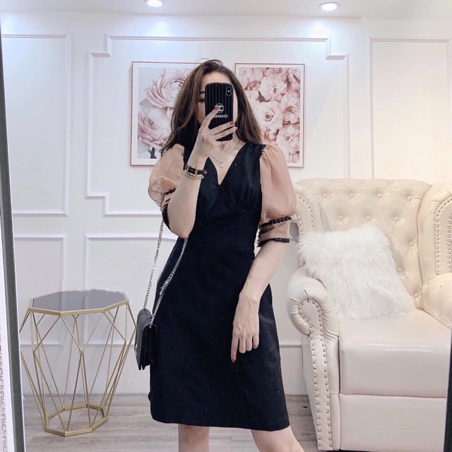 Đầm đen phối tay nâu | BigBuy360 - bigbuy360.vn