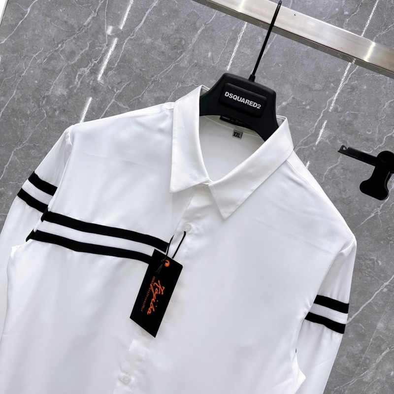 Áo sơ mi trắng nam dài tay Thome thêu sọc kẻ đen trắng ngang ngực vải lụa mềm mịn cao cấp