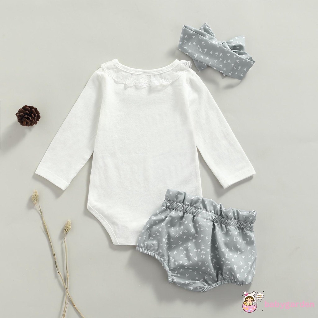 Áo liền thân tay dài cổ tròn màu sắc đơn giản và Quần short in họa tiết và Băng đô nơ cho bé gái