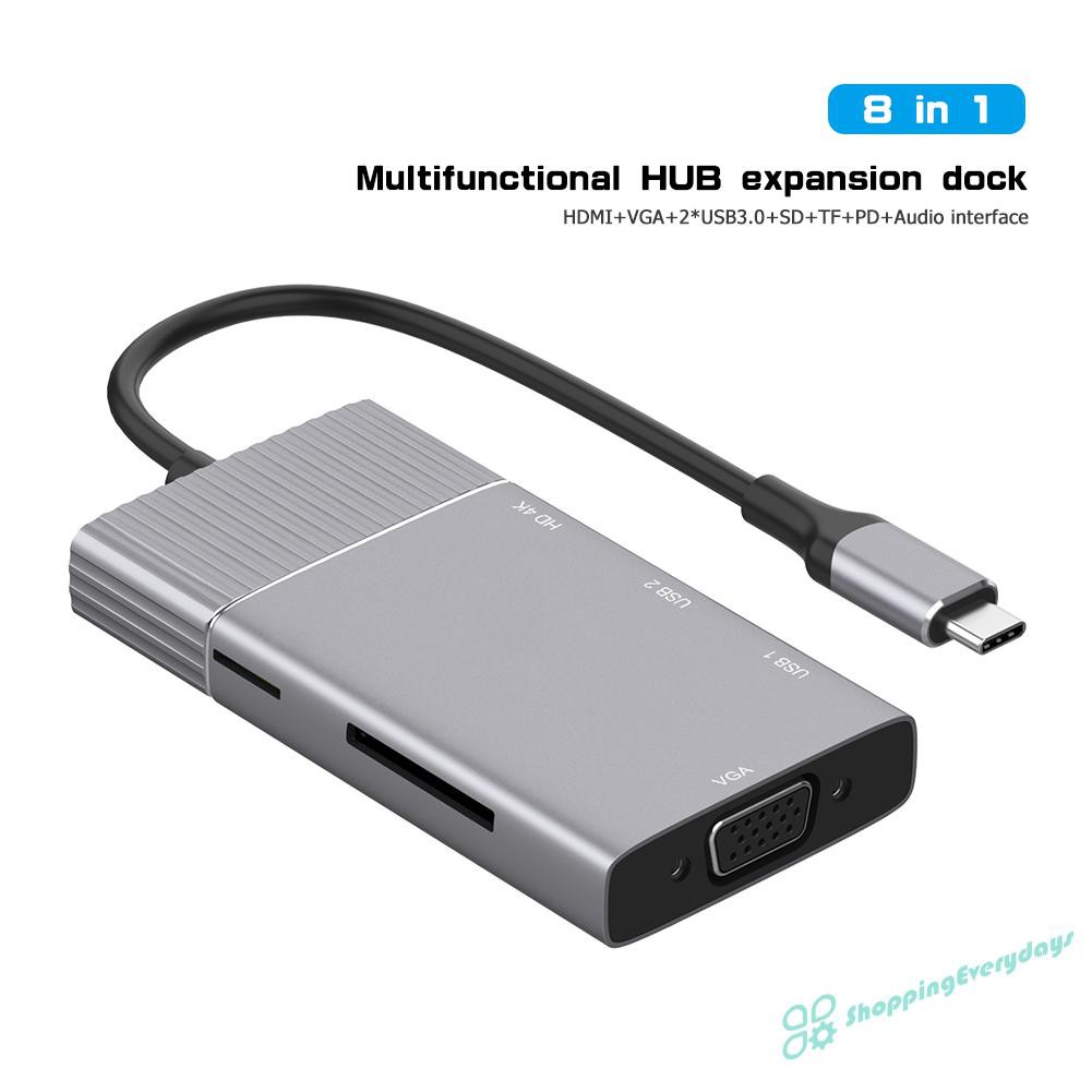 Bộ Chuyển Đổi Âm Thanh 8 Trong 1 Usb 3.1 Type-C Hub 4k Hdmi 1080p Vga 2 Usb3.0 Tf Pd