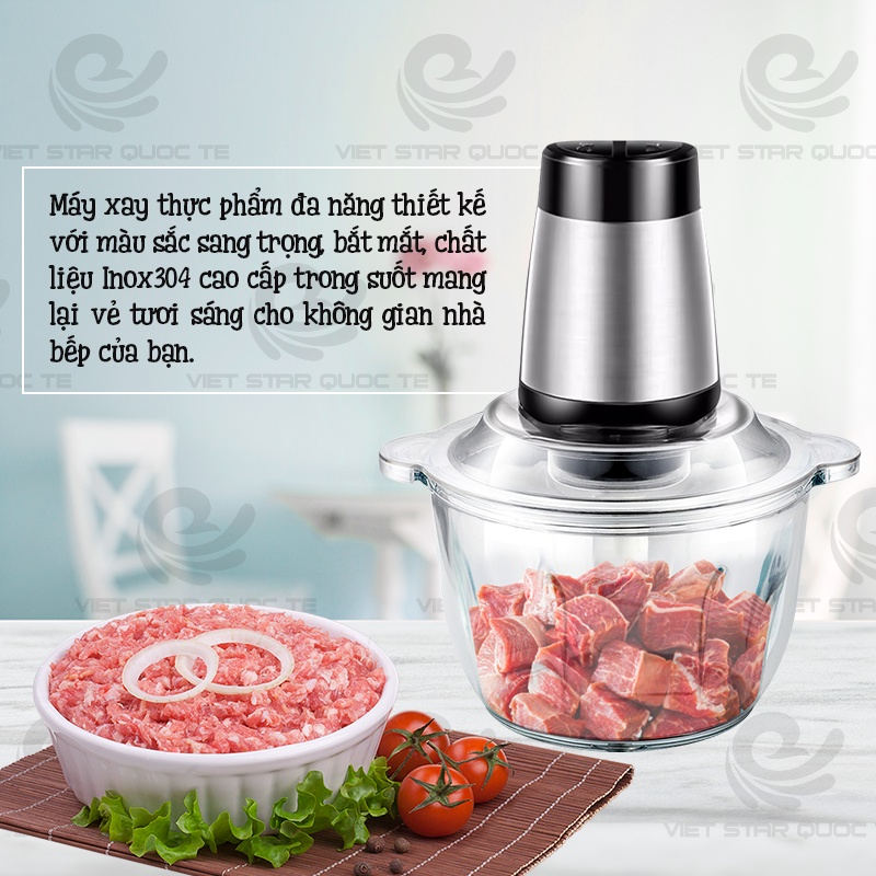 Máy xay thịt inox không gỉ &amp; thủy tinh cao cấp, nhựa ABS, công suất 250W, dung tích 2 lít, chính hãng bảo hành 12 tháng